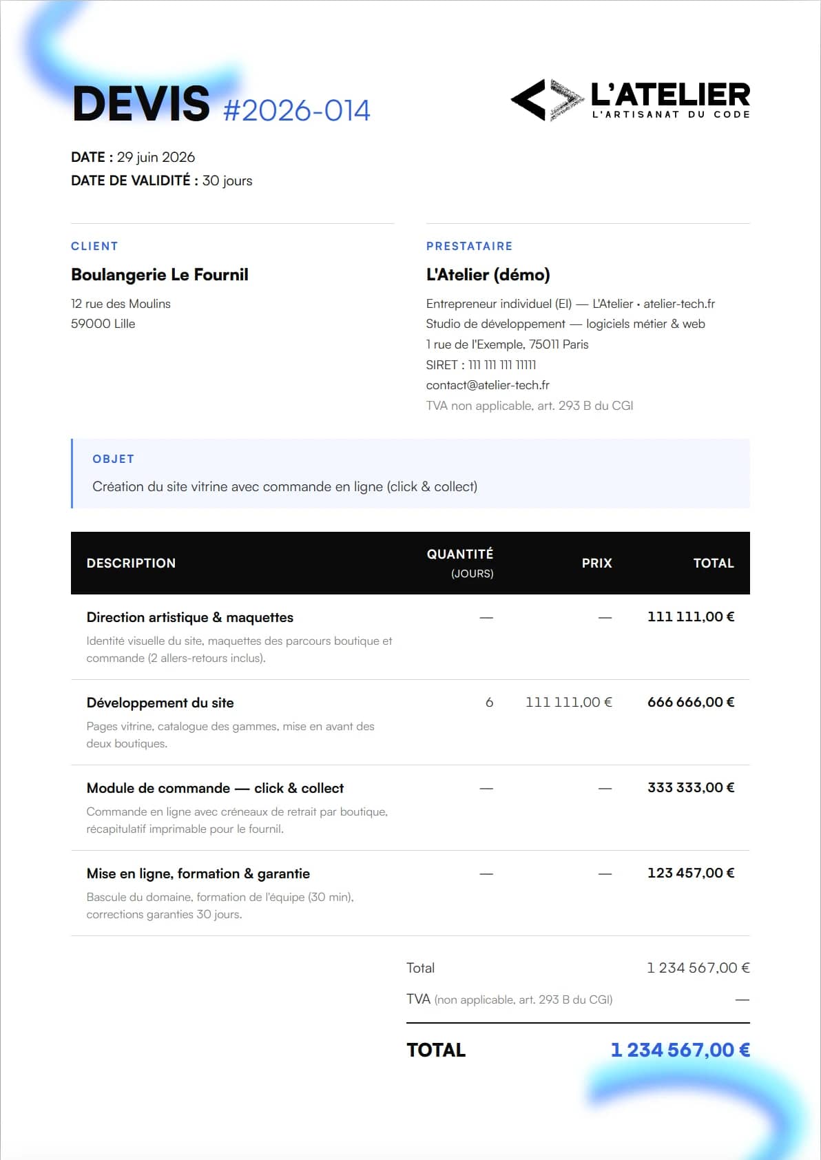 Devis généré par le CRM — document A4 aux couleurs du studio avec numérotation et lignes détaillées