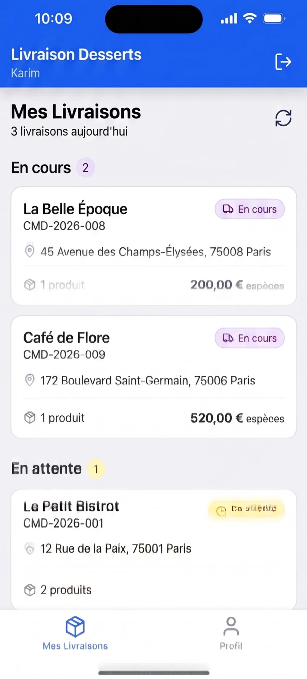 App driver · tournée du jour avec ETA et encaissement intégré